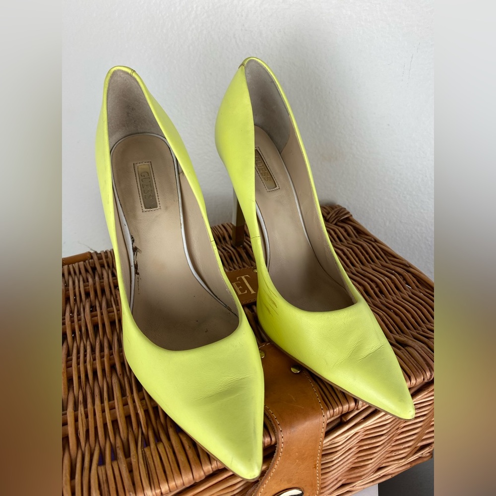 Guess Neon Yellow pumps with white heel